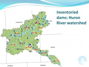 Map of inventoried dams in the Huron River watershed
