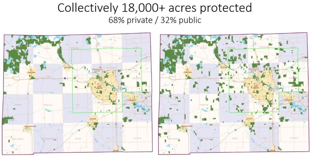 Washtenaw County showing protected lands as of 2000 and 2020. Greater than 18,000 acres were protected in publicly or privately funded agreements over the 20-year period.