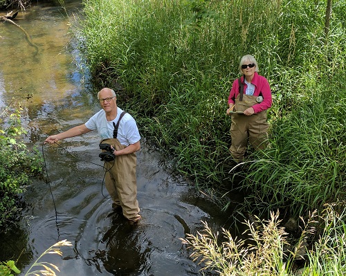 Pat Rodgers and Peg White gather field data at Woodruff Creek in Livingston County.
