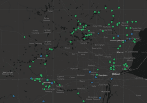 A map of node network points across Southeast Michigan