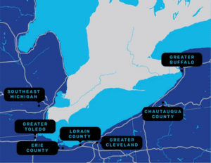 A map of participating water groups in the Lake Erie Volunteer Science Network