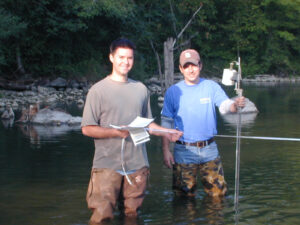 Chris Riggs and Randy Schneider collect flow measurements during the program’s inaugural year in 2002. credit: HRWC