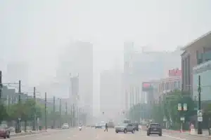 Hazy skies along Woodward Avenue in Detroit in late June 2023.